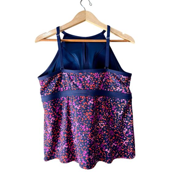 Lands’ End Keyhole High Neck Tankini Top Navy Pink Orange Floral Size 18 - Picture 2 of 12
